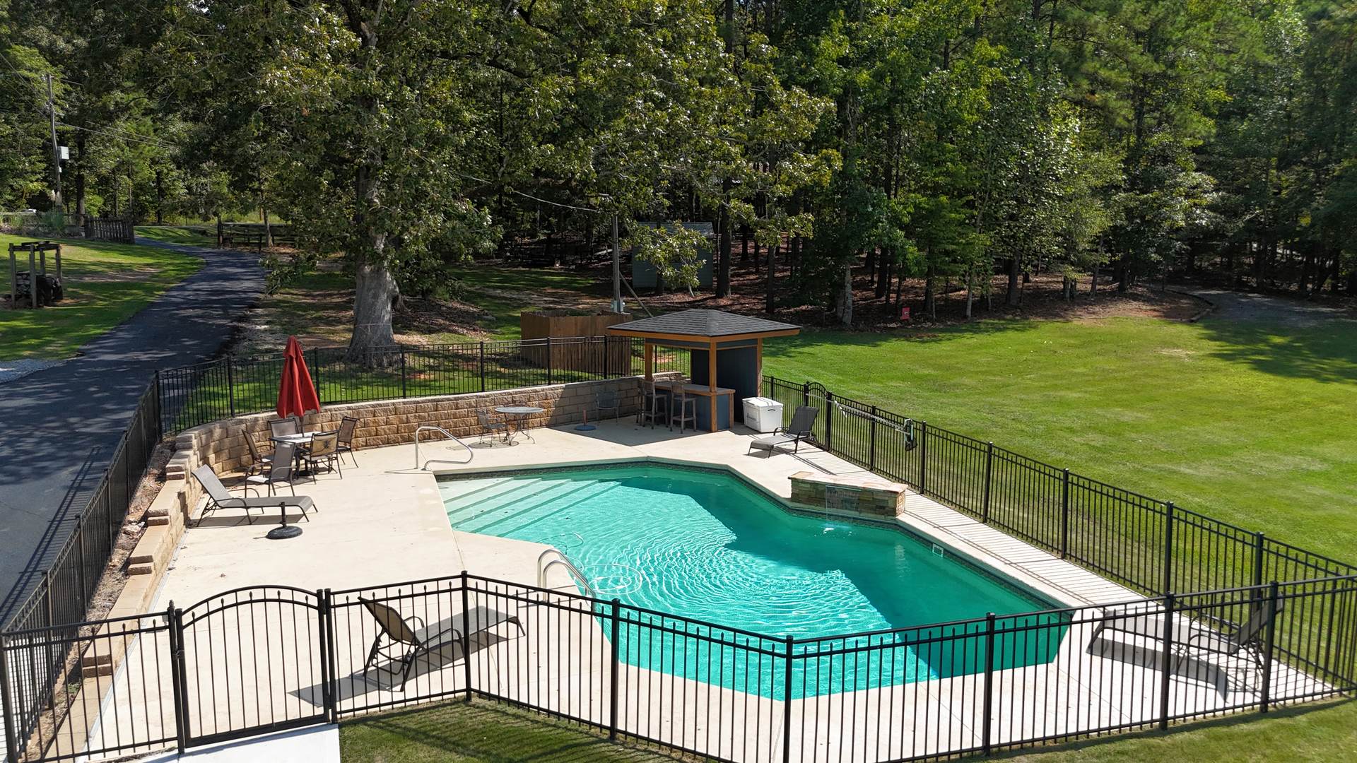 Saltwater pool and cabana from above